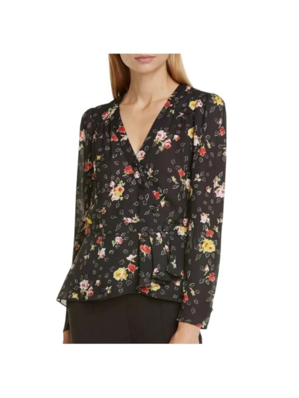 Veronica Beard Black Floral V-Neck Peplum Faux Wrap Blouse Kiana Silk